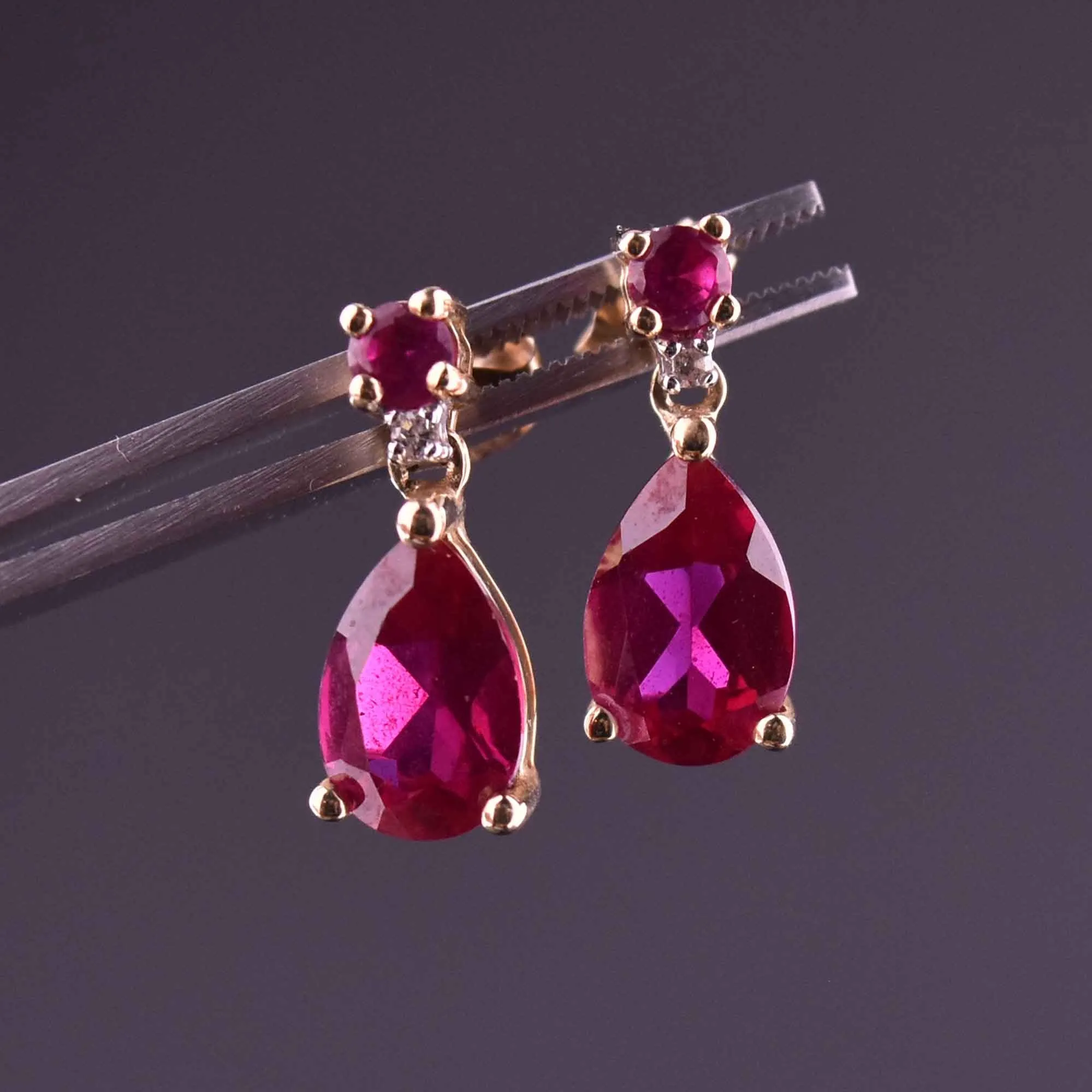 10K Gold Diamond Pear Cut Ruby Earrings