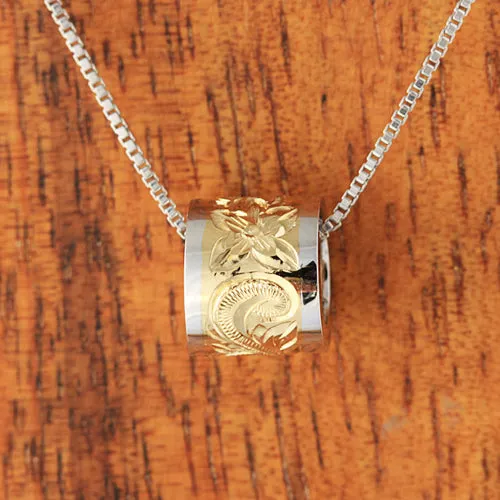 14K Two-Tone Gold (WG/YG) Hawaiian Scroll Barrel Pendant (Chain Sold Separately)