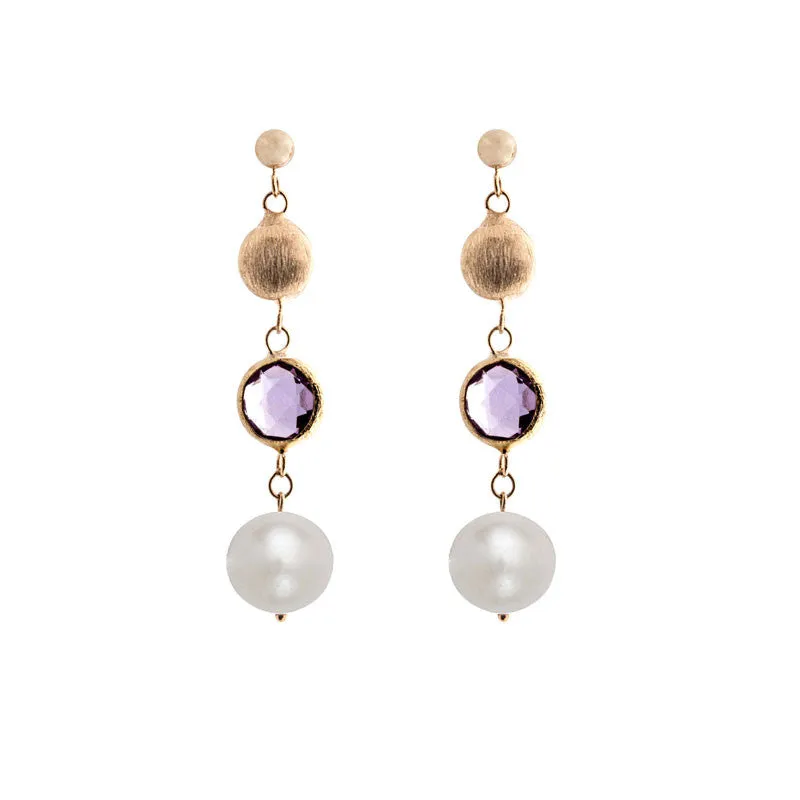 Italian gold freshwater pearl, amethyst and gold bead drop earrings