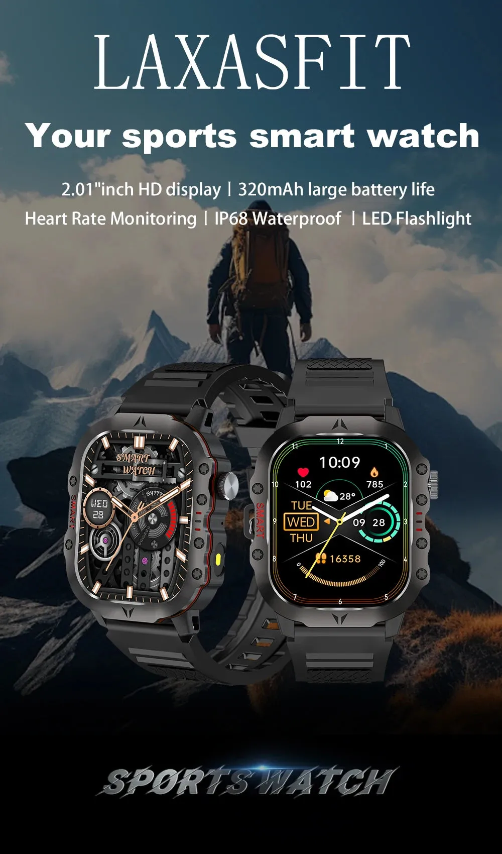 LAXASFIT New Smart Watch LED Flashlight Outdoor Sports HD Screen Bluetooth Call IP68 Waterproof Ultra Long Standby Smart Watch