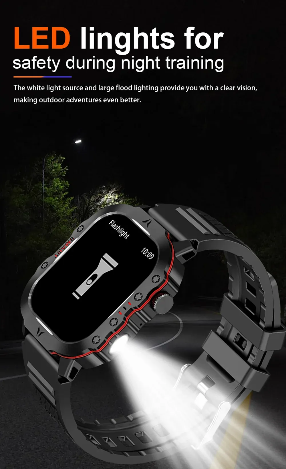 LAXASFIT New Smart Watch LED Flashlight Outdoor Sports HD Screen Bluetooth Call IP68 Waterproof Ultra Long Standby Smart Watch