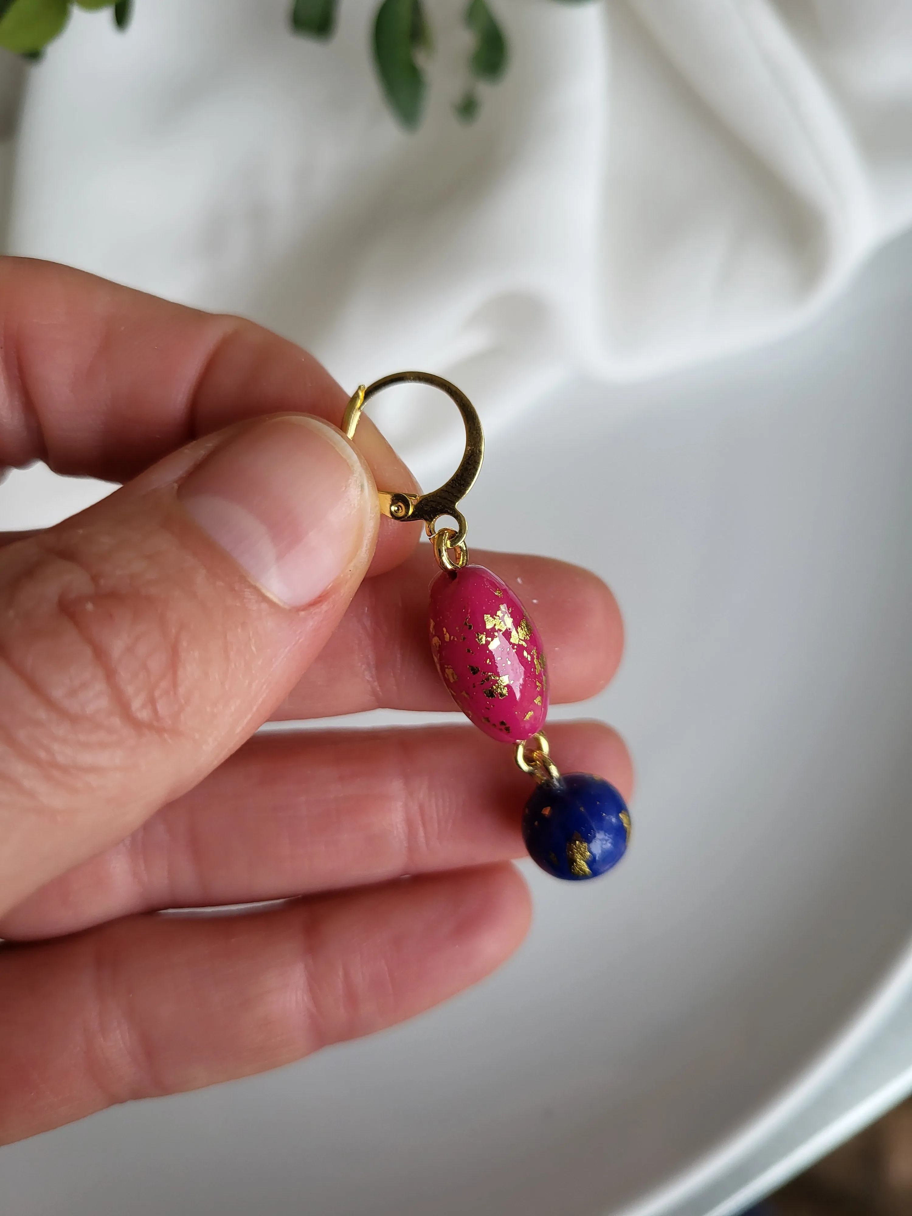 Pink and blue dangling earrings