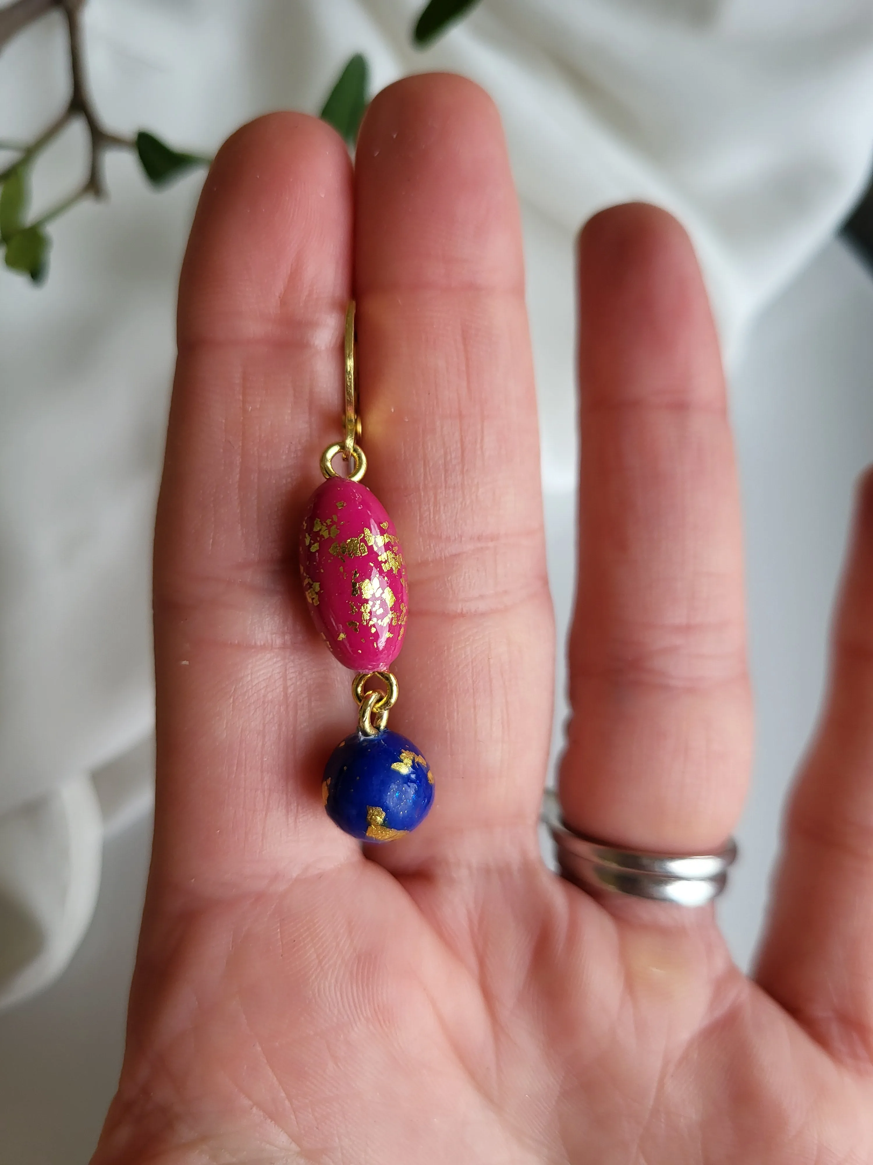 Pink and blue dangling earrings