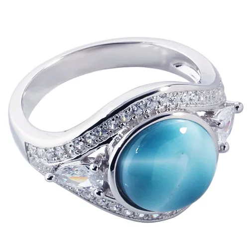 Sterling Silver Eye Shape with Larimar Inlay CZ Ring