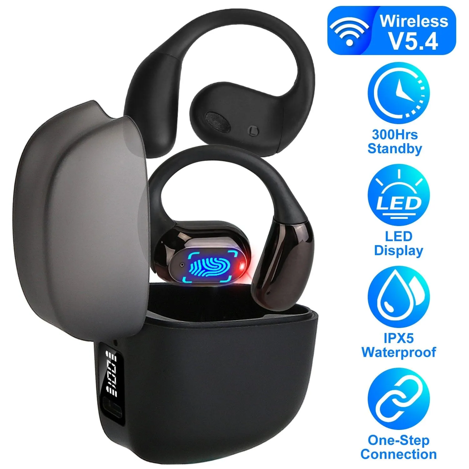 Wireless V5.4 Open Ear Earbuds with Earhook LED Display Charging Case